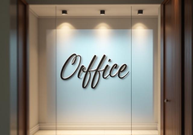Entréskylt till ett kontor med en kalligrafisk logotyp.