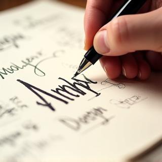 Hand som skissar olika kalligrafistilar med en penna på papper.