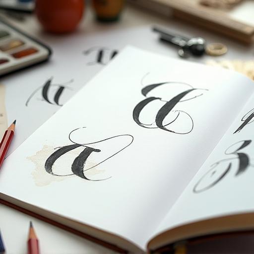 En skissbok som visar utvecklingen av en kalligrafisk företagslogotyp.