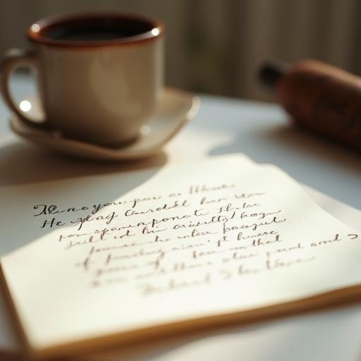 Ett vackert handskrivet brev på ett skrivbord bredvid en kopp kaffe.